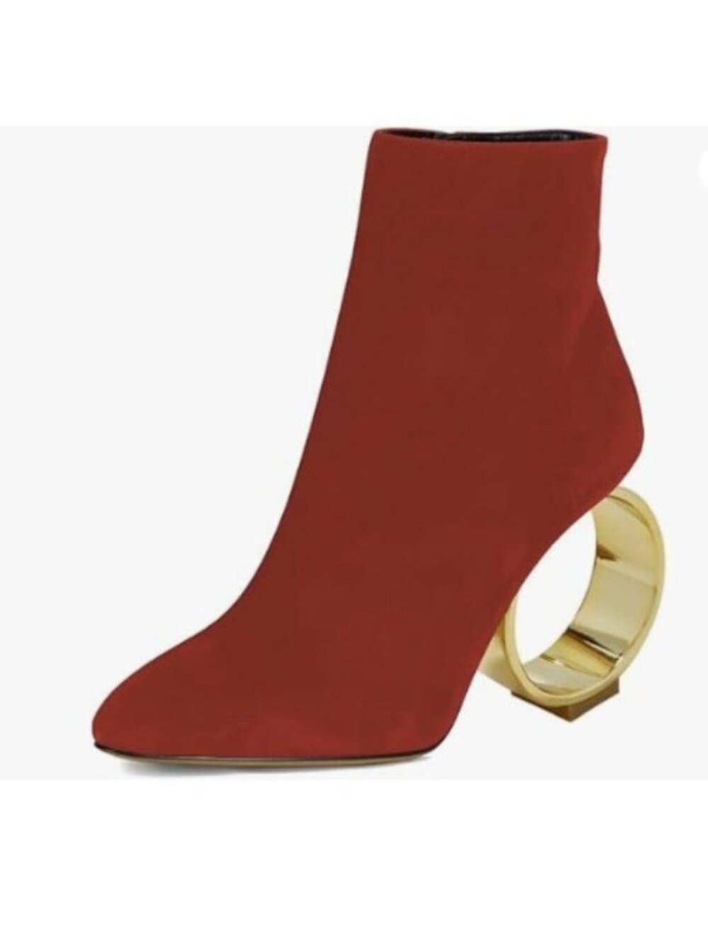 XYD Women Circle Metal High Heel Ankle Boots Side Zipper Closed Pointed Toe Red